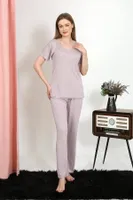 V Yaka Kısa Kollu Pamuk Kadın Pijama Takım Pudra Akbeniz 4213 Pudra görsel 4