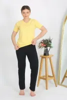 Penye V Yaka Kısa Kollu Kadın Pijama Takım Sarı Akbeniz 4215