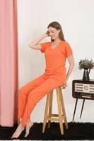 Kısa Kollu Pamuk Penye Kadın Pijama Takım Turuncu Akbeniz 4213 Turuncu