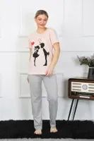 Kısa Kol Penye Pijama Takım Akbeniz 4207 Pudra