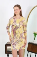 Micro Kumaş Mini Parlak Desenli Kadın Elbise Akbeniz 7421 Sarı görsel 4