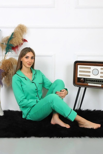 Önden Düğmeli Uzun Kol Yeşil Pijama Takım Akbeniz 2782