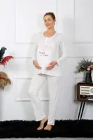 Düğmeli Uzun Kollu Hamile Lohusa Pijama Takımı Ekru Akbeniz 45501 Ekru