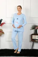 Yuvarlak Yaka Uzun Kollu Hamile Lohusa Pijama Takımı Akbeniz 45501 Mavi görsel 4