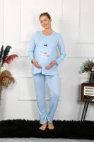 Yuvarlak Yaka Uzun Kollu Hamile Lohusa Pijama Takımı Akbeniz 45501 Mavi görsel 5