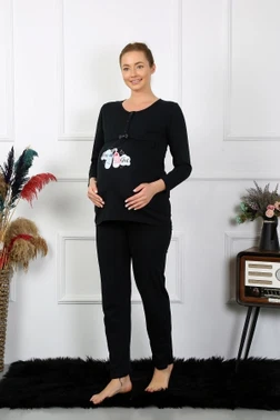 Patik Desenli Uzun Kollu Hamile Lohusa Pijama Takımı Siyah Akbeniz 45501