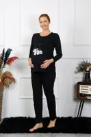 Patik Desenli Uzun Kollu Hamile Lohusa Pijama Takımı Siyah Akbeniz 45501 Siyah