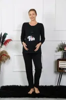 Patik Desenli Uzun Kollu Hamile Lohusa Pijama Takımı Siyah Akbeniz 45501 Siyah görsel 4