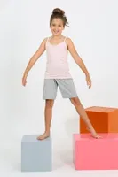 Kız Çocuk İp Askılı Şortlu Penye Pembe Pijama Takım Akbeniz 20430 Pembe