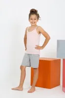 Kız Çocuk İp Askılı Şortlu Penye Pembe Pijama Takım Akbeniz 20430 Pembe detay görünüm