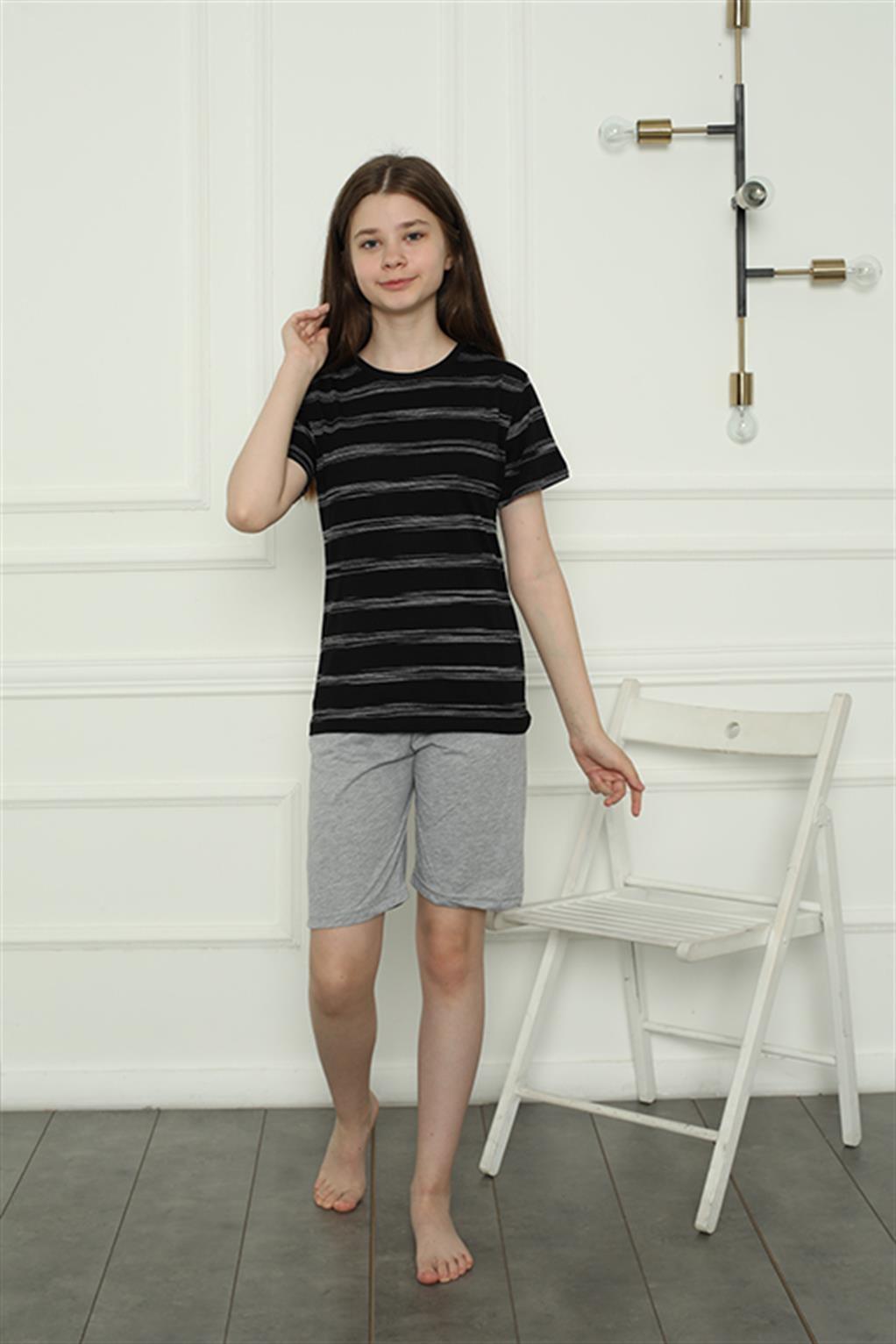 Çizgili Kısa Kollu Kız Çocuk Penye Şortlu Pijama Takım Akbeniz 20405