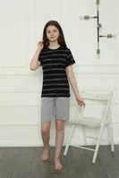 Çizgili Kısa Kollu Kız Çocuk Penye Şortlu Pijama Takım Akbeniz 20405 Siyah