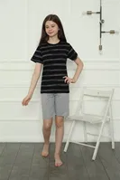 Çizgili Kısa Kollu Kız Çocuk Penye Şortlu Pijama Takım Akbeniz 20405 Siyah farklı açı