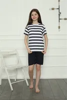 Penye Kısa Kollu Kız Çocuk Şortlu Pijama Takım Akbeniz 20406 Lacivert detay görünüm