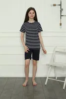 Şortlu Çizgili Kız Çocuk Penye Pijama Takım Akbeniz 20407 Lacivert