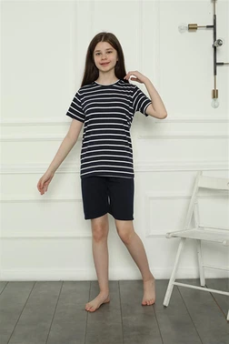 Akbeniz Şortlu Çizgili Kız Çocuk Penye Pijama Takım Akbeniz 20407 - Alternatif Görünüm