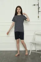 Şortlu Çizgili Kız Çocuk Penye Pijama Takım Akbeniz 20407 Lacivert detay görünüm
