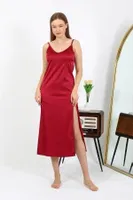 Bordo Derin Yırtmaçlı Saten Uzun Gecelik Akbeniz 7410 Bordo