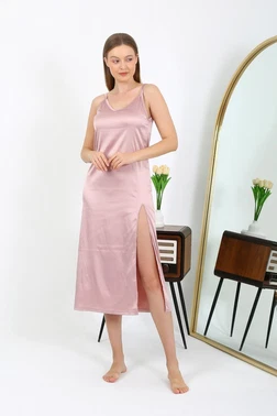 Akbeniz Uzun Yırtmaçlı Saten İp Askılı Kadın Gecelik Pudra Akbeniz 7410
