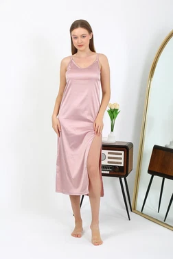 Akbeniz Uzun Yırtmaçlı Saten İp Askılı Kadın Gecelik Pudra Akbeniz 7410 - Alternatif Görünüm