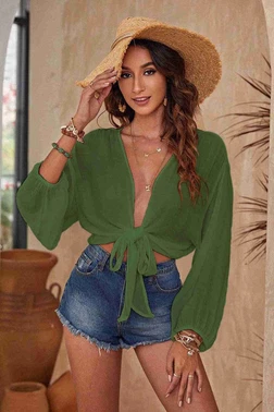 Angelsin Angelsin Önden Bağlamalı Salaş Gömlek Pareo Crop Bluz MS 4368 Haki