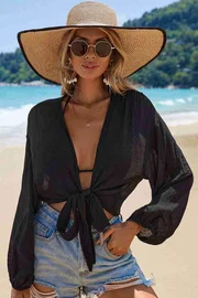Angelsin Angelsin Önden Bağlamalı Salaş Gömlek Pareo Crop Bluz MS 4368 - Siyah