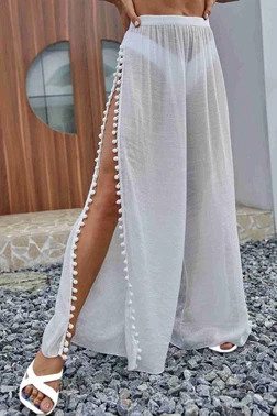 Angelsin Angelsin Ponponlu Yırtmaç Detaylı Plaj Pantolonu Pareo MS 4415 - Beyaz