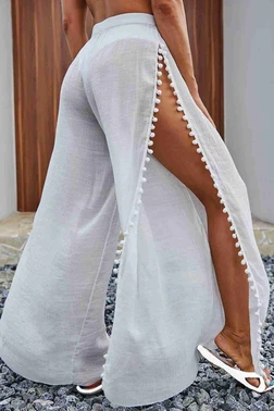Angelsin Angelsin Ponponlu Yırtmaç Detaylı Plaj Pantolonu Pareo MS 4415 - Beyaz - Alternatif Görünüm