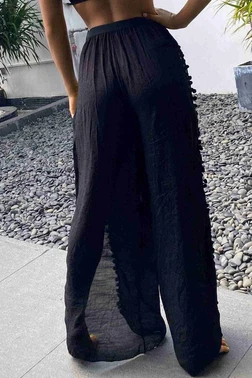 Angelsin Angelsin Ponponlu Yırtmaç Detaylı Plaj Pantolonu Pareo MS 4415 Siyah - Alternatif Görünüm