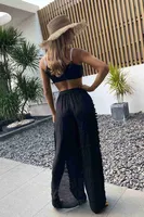 Angelsin Ponponlu Yırtmaç Detaylı Plaj Pantolonu Pareo MS 4415 Siyah Siyah görsel 4
