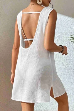 Angelsin Angelsin Sırt Dekolteli Yırtmaçlı Pareo Plaj Elbisesi MS 4381 - Beyaz