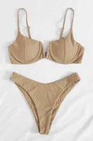 Askılı Üstü V Göğüs Dekolteli Fitilli Bikini Takım Bej Angelsin 4372 Bej görsel 4