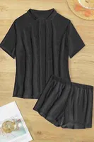 Yaka Detaylı Gömlek Görünümlü Alt Üst Şort Takım Plaj Pareo Angelsin 4380 Siyah görsel 4