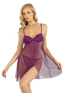 Ahu Lingerie Asimetrik Kesim Mor Kısa Tül Gecelik Ahu Primoda 4253