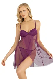 Ahu Lingerie Asimetrik Kesim Mor Kısa Tül Gecelik Ahu Primoda 4253