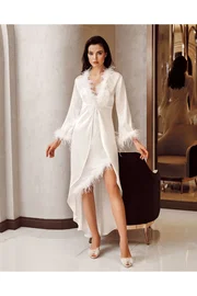 İmaj Asimetrik Kesim Tüylü 2li Saten Gecelik Takımı İmaj 4225