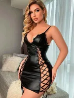 Askılı Parlak Dekolteli Lame Kadın Seksi Elbise Lily Bianca LB-143 Siyah
