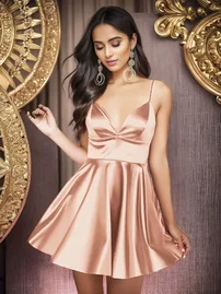 Pink Night Askılı Somon Saten Parti Mini Elbise Pink Night 3388