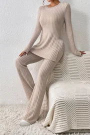 Bella Notte Bej Fitilli Yırtmaç Detaylı Uzun Pijama Takımı Bella Notte 7057