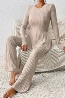 Bej Fitilli Yırtmaç Detaylı Uzun Pijama Takımı Bella Notte 7057 Bej detay görünüm