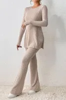 Bej Fitilli Yırtmaç Detaylı Uzun Pijama Takımı Bella Notte 7057 Bej görsel 4