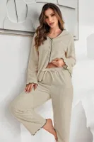 Bej Pamuklu Düğmeli Pijama Takımı Bella Notte 7079 Bej detay görünüm