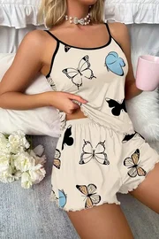 Bella Notte Bej Rengi Kelebek Desenli Şort Takım Bella Notte 7526