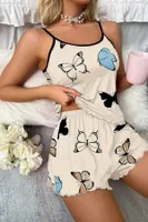 Bej Rengi Kelebek Desenli Şort Takım Bella Notte 7526 Bej