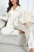 Gömlek Yaka Çiçek Baskılı Cepli Düğmeli Uzun Pijama Takımı Bella Notte 7037 Beyaz