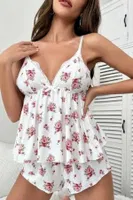Beyaz Çiçek Desenli Şort Takım Bella Notte 7536 Beyaz