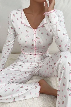 Fiyonklu Uzun Kollu Crop Beyaz Kadın Pijama Takımı Bella Notte 7077