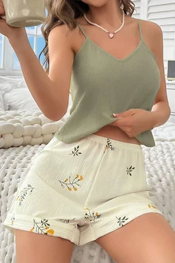 Bella Notte Bella Notte Çok Renkli Bahar Dalı Yaprakları Ev İçi Şort Takım 7559 - Alternatif Görünüm