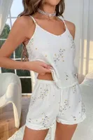 İnce Askılı Çiçekli Kadın Şort Pijama Takım Bella Notte 7533 Ekru
