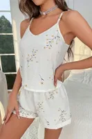 İnce Askılı Çiçekli Kadın Şort Pijama Takım Bella Notte 7533 Ekru detay görünüm